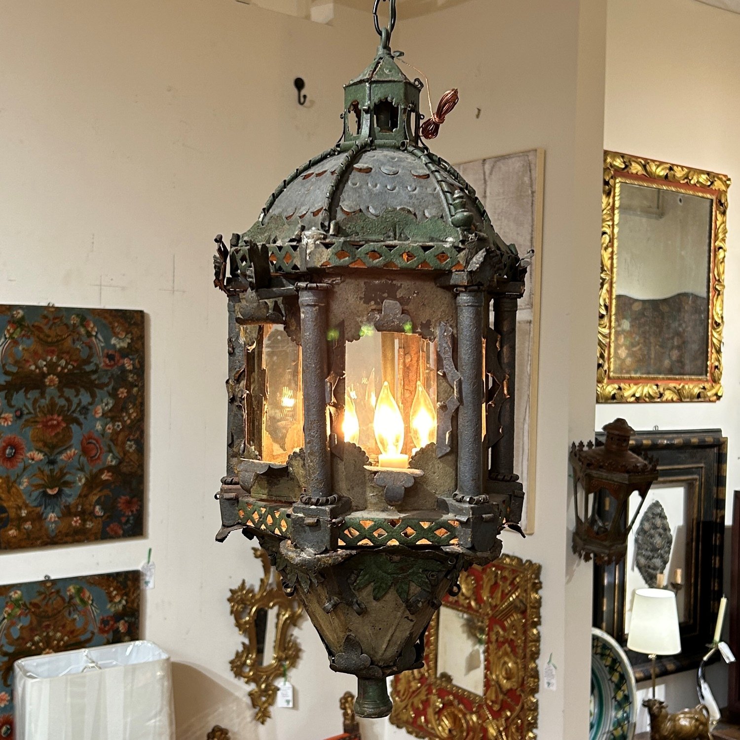 18th Century Green Painted Lantern from Naples, UL Wired — Wolf